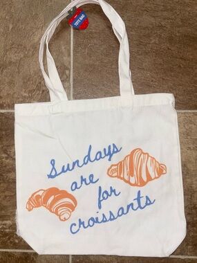 Target White Canvas Tote Bag with Blue Script and Orange Croissants